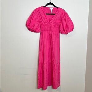 Vibrant Pink Puff Sleeve Dress Large Puff Sleeve Tiered Midi skirt v neck